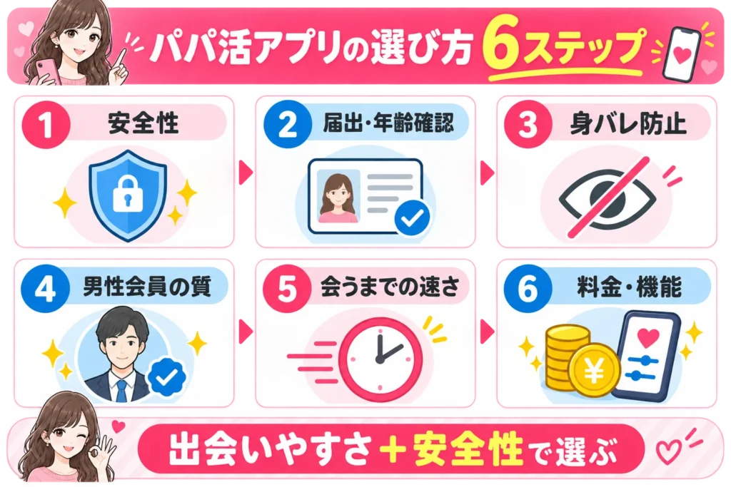 パパ活アプリを選ぶときに確認したい安全性・年齢確認・身バレ防止・男性会員の質・会うまでの速さ・料金の6ステップ
