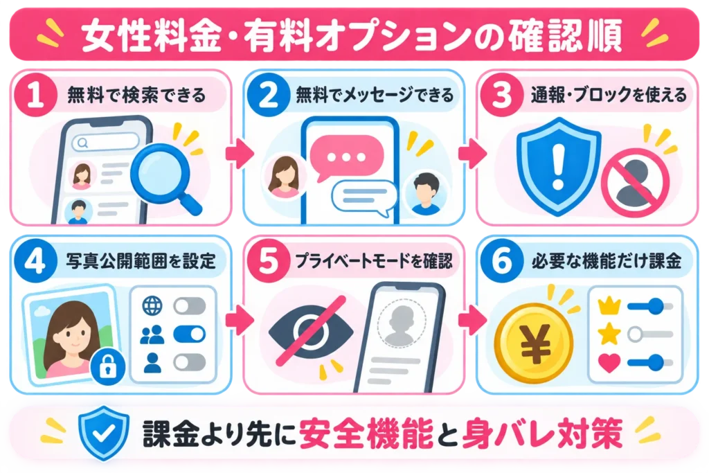 女性料金と有料オプションを確認する順番と課金前に確認したい安全機能・身バレ対策