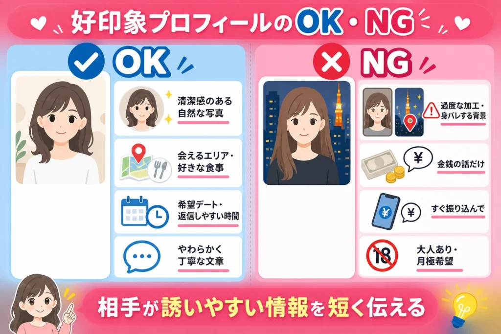 パパ活アプリで好印象を与えるプロフィール写真と自己紹介文のOK例・NG例