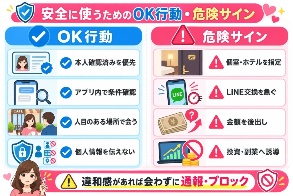 パパ活アプリを安全に使うためのOK行動と個室指定・LINE交換・金額後出し・投資勧誘などの危険サイン