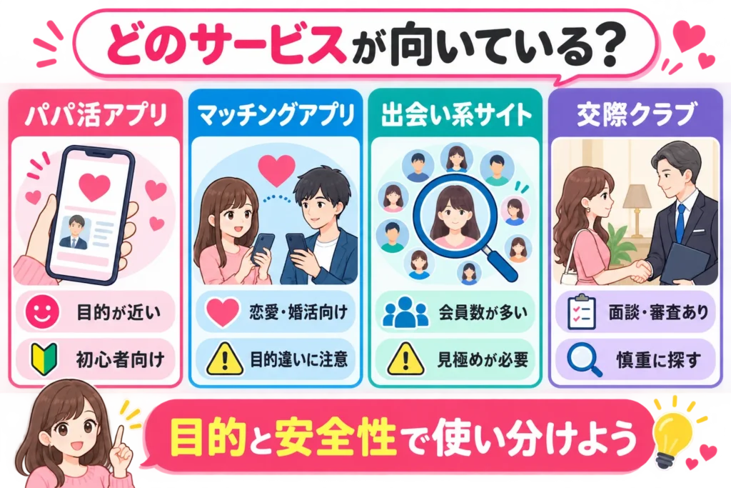 パパ活アプリ・マッチングアプリ・出会い系サイト・交際クラブの目的と特徴の違い